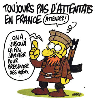 Charbonnierova kresba v nejnovějším čísle magazínu Charlie Hebdo s nápisem nad hlavou islamisty Stále žádné atentáty ve Francii 